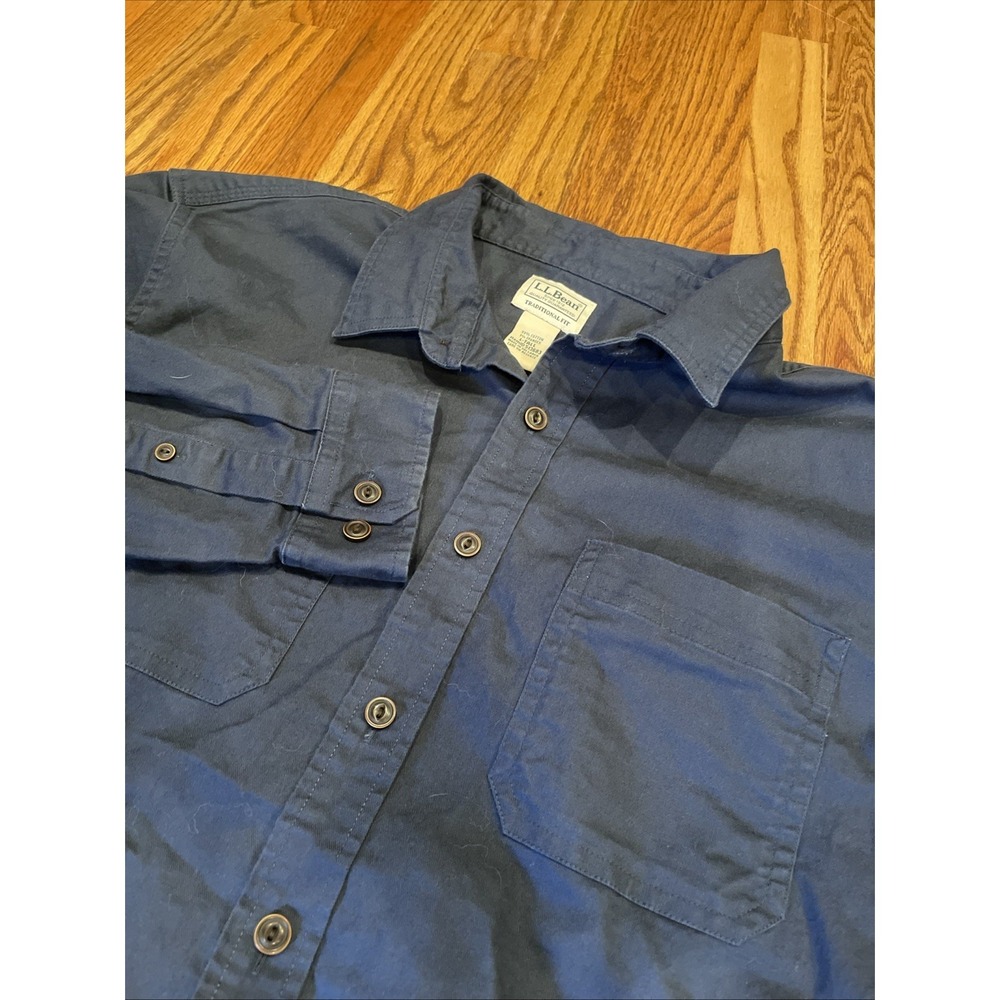 LL Bean Men's Traditional Fit BeanFlex Canvas Work Shirt Navy Blue Large Tall